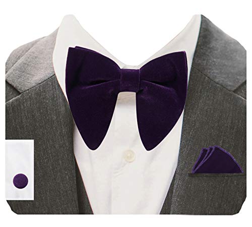 Image of GUSLESON Mens Solid Plaid Velvet Pre-tied Adjustable Bow Tie and Pocket Square Cufflink Set with Gift Box