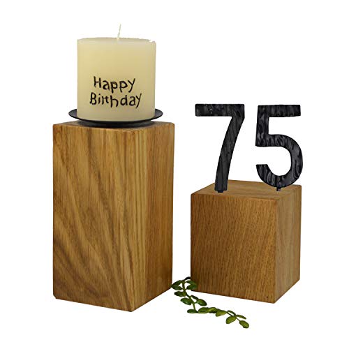 SünGross 2er Set Edelholz Leuchter 7x7x8 cm und 9x9x10cm, Oberfläche Eiche geölt, mit Zahlen aus Metall und Kerze Happy Birthday 6cm und Metall Kerzenteller, zum 75. Geburtstag Cover
