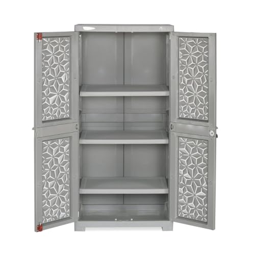 Image of Nilkamal Freedom FMM Star Plastic Wardrobe | 4-Shelf Storage Cupboard with Doors | 3-Year Warranty|Clothes Organizer|Almirah|for Home, Living Room, Bed Room|Adult & Kids| Haze Grey & Milky White