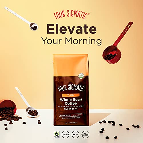 Dark Roast Organic Whole Bean Coffee By Four Sigmatic | Fair Trade Coffee Beans Coated With Lion's Mane, Chaga Mushrooms | Nootropic Mushroom Coffee For Enhanced Brain Function & Immune Support | 12Oz #TOP5