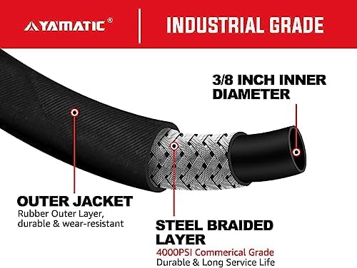 YAMATIC 3/8" Pressure Washer Hose 50FT Hot Water Power Washer Hose Max 212°F with Swivel Quick Connect, 4000 PSI Commercial Grade Steel Wire Braided & Synthetic Rubber Jacket, Kink Resistant
