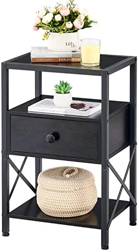 Tajsoon Night Stand with Drawer Bedside Table with Storage Shelf and X-Design Side, 3-Tier Side Table End Table for Bedroom Living Room, Black