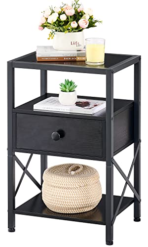 Tajsoon Night Stand With Drawer Bedside Table With Storage Shelf And X-Design Side, 3-Tier Side Table End Table For Bedroom Living Room, Black #TOP26