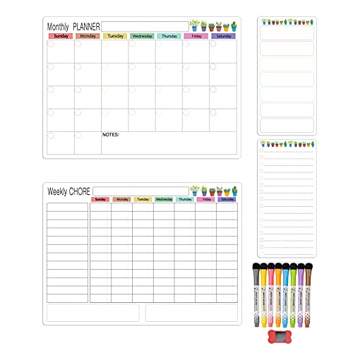 Dry Erase Calendar for Fridge, Magnetic Dry Erase Whiteboard Sheets for Monthly ,Magnetic Dry Erase Chore Chart and Calendar Bundle for Fridge, Refrigerator White Board Chores Chart for Kids
