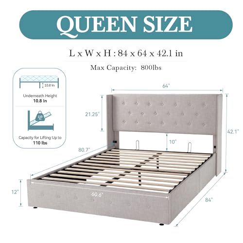 HOOMIC Queen Size Lift Up Storage Bed with Wingback Headboard/Heavy-Duty Hydraulic Platform Bed Frame/Large Under Storage/Wooden Slats Support/Noise-Free/Beige - Thumbnail 2