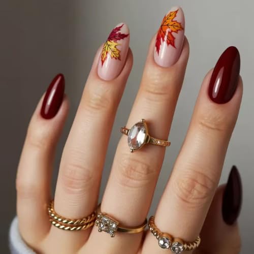 24Pcs Thanksgiving Press on Nails Almond Medium Fake Nails with Maple Leaves Designs Thanksgiving Nails Press ons Burgundy Orange Glue on Nails Glossy Acrylic Nails Fall Stick on Nails for Women