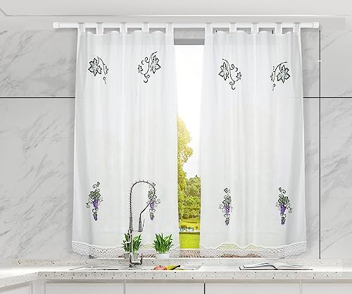 HOMEYA - Cortina Cocina Translúcida 150x150cm - Cortina con Bordados de Uvas,para Cocina,Comedor, Marco de Puerta - 1 Unidad Color Blanco,100% Poliester
