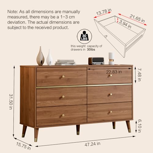 Walnut Mid Century 6-Drawer Dresser, 47" Wide with Anti-Tipping Device
