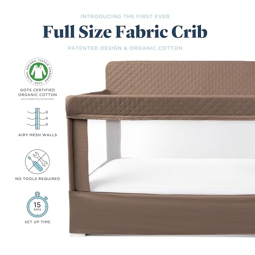 Image of Baby Delight Lunaire Full Size Crib | Breathable Mesh Baby Crib | Tool-Free Assembly Baby Bed | 100% GOTS Certified Organic Cotton Fabric | Organic Mocha