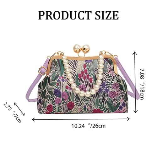 Vintage Embroidered Flower Handbag, Flower Embroidery Handbag with Kiss Lock Closure, Retro Pearl Chain2