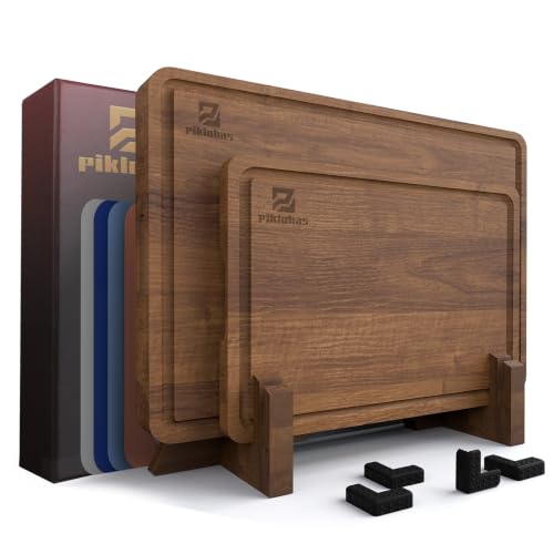 Piklohas Large Acacia Wood Cutting Board Set for Kitchen with Storage Stand