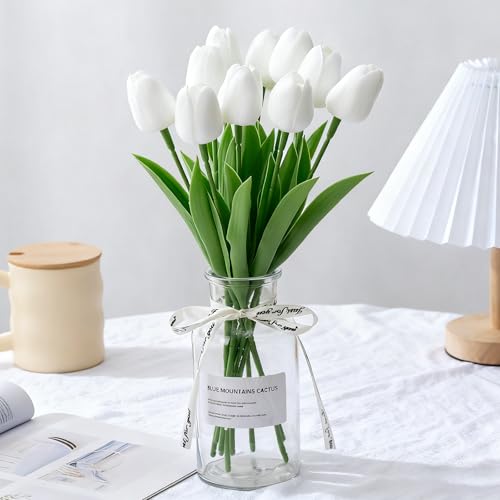 Probuk Lot de 10 Tulipes Artificielles Blanches en Bouquet - Symbole d'amour Pur et d'Élégance, Décoration Florale pour Mariage, Bureau, Table & Maison
