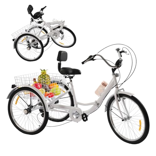 DAOHHFO Triciclo de 24 pulgadas para adultos, 7 velocidades, 3 ruedas, bicicleta para adultos, con luz LED y cesta de verduras, triciclo ajustable en altura, hasta 120 kg (blanco)