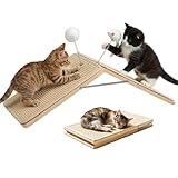 Tivray Cat Scratcher, Cat Sisal Scratching Ramp, Foldable Wooden Scratching Board with 2 Spring Plush Toys, Triangle Kitten Ramp Protect Furniture, Solid Non-Slip Scratch Pad for Indoor Multiple Pets