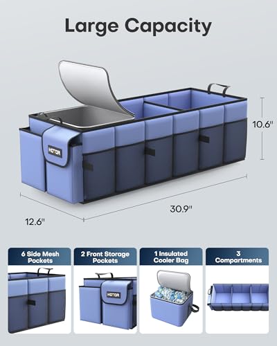 Image of HOTOR Trunk Organizer, Sturdy Foldable with Cooler for Car & SUV, 3 Compartments, Blue, 30.90 inchx12.60 inchx10.63 inch