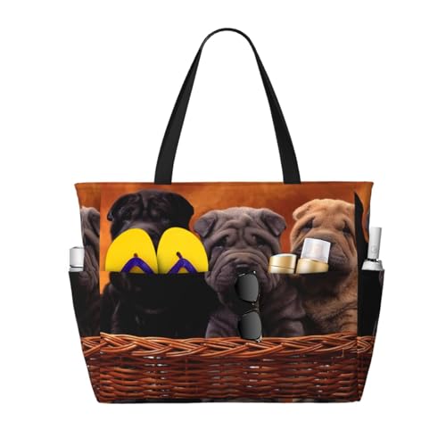 Sac de plage Shar Pei noir et chiot gris : grand sac à bandoulière en toile pour femme