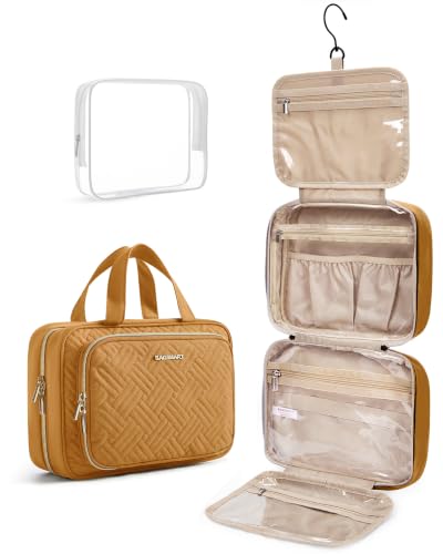 Image of BAGSMART Toiletry Bag Hanging Travel Makeup Organizer with TSA Approved Transparent Cosmetic Bag Makeup Bag for Full Sized Toiletries(Stone Khaki)