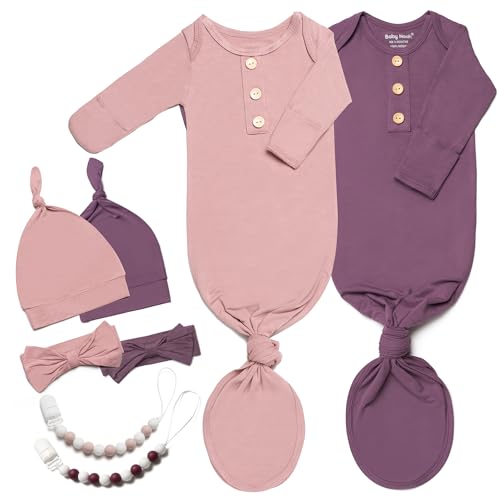 Image of 2PK Silky Soft Newborn Knotted Gown, Snuggly Infant Sleeper for Baby Girls, Sleepwear Set with Mittens, Bowknot, Clip and Hat