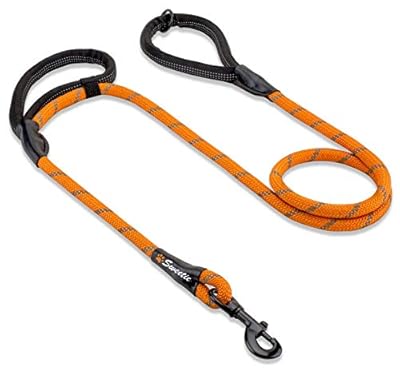 Sweetie Rope Dog Lead - Innovative Design with Two Padded Handles - Reflective Stitching & O-Ring - 5 FT Long Leash for Medium & Large Sized Pets - Weather Resistant & Strong Material. Orange