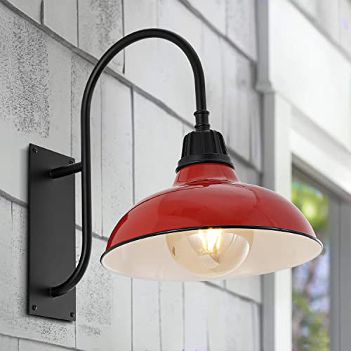 Image of JONATHAN Y 12.25 inch Red /Black 1-Light Farmhouse Gooseneck Outdoor Wall Sconce Lamp, with Black Metal Bowl Shade, Industrial Iron LED Porch Light for Patio Garage Entryway (JYL7614E)