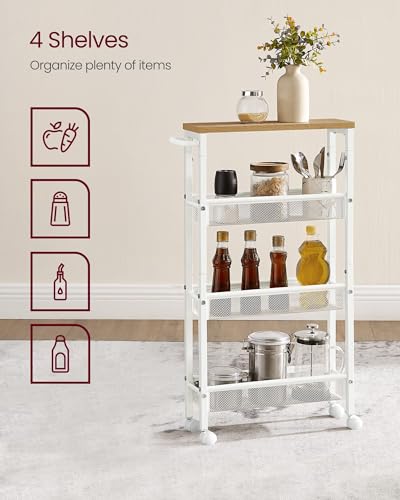 Image of VASAGLE Slim Rolling Cart, 4-Tier Storage Cart, Narrow Cart with Handle, 5.1 Inches Deep, Metal Frame, for Kitchen, Dining Room, Living Room, Home Office, Oak Beige and Classic White ULRC032W09