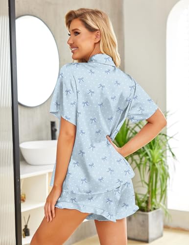 Image of HOTOUCH Womens Satin Pajamas Set Button Down 2 Piece Silk Pjs Shorts Set Ruffle Lingerie Notch Collar Sleepwear