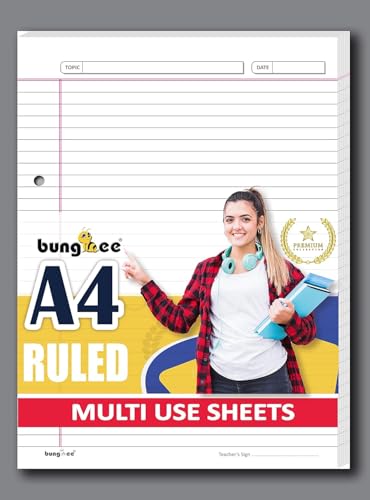 Image of Ruled Sheets A4 Size 90 GSM White Both Side Rule for Assignment, Project Work, Exam - 160 Sheets Loose Paper Bundle with Border, Non-Punched, Grey Rule and Magenta Margin - Compass Edition