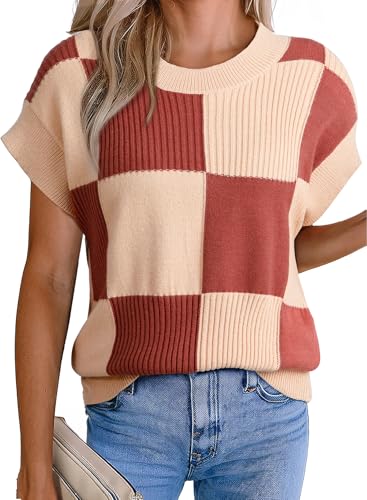 Image of EVALESS Short Sleeve Sweater for Women Crewneck Color Block Knit Tops 2026 Summer Trendy Cap Sleeve Sweater Vest