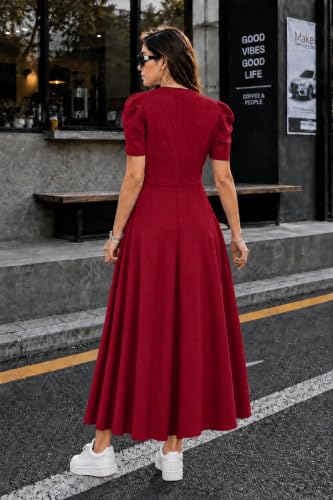Image of Preneum Girl's & Women's Solid Color V-Neck A-Line Maxi Dress for Women | New Year Party Outfit | Waist Cinched Puff Sleeve Western | Elegant Casual Wear (Availble in Plus Size)