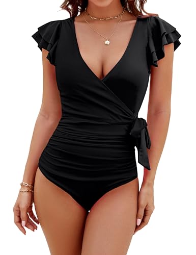 Blooming Jelly Women's Tummy Control Swimsuits Slimming One Piece Bathing Suit Ruffle Wrap V Neck Swimwear