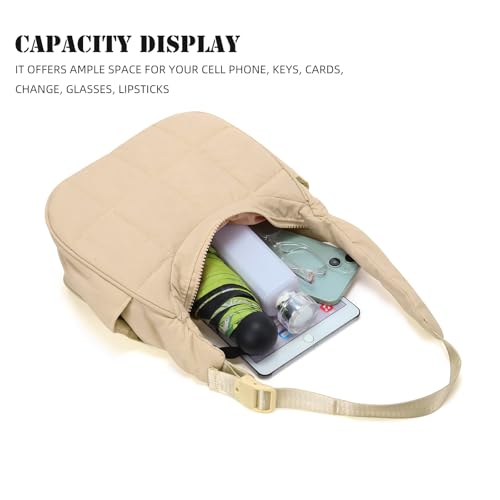 Image of Small Puffer Crescent Underarm Shoulder Bag for Women, Nylon Quilted Purses Handbags with Adjustable Strap, Khaki