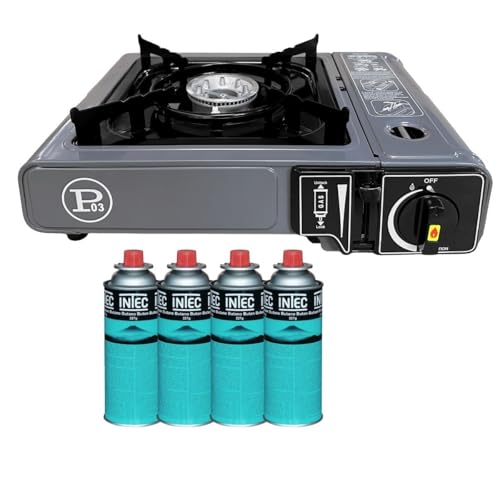 INTEC - Réchaud Gaz Portable 1 Feu 2,2 KW + 4 Cartouches gaz Butane incluses Allumage Piezo – Camping Randonnée Cuisine Extérieure