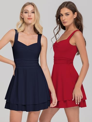 Image of IWD Women's Square Neck Sleeveless Mini Dress Ruched Waist Tiered Ruffle Hem A Line Short Dresses