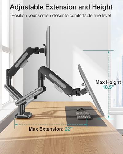 Image of MOUNT PRO Dual Monitor Desk Mount, Pneumatic Monitor Arms for 2 Monitors Max 39 Inches, Adjustable Dual Computer Monitor Stand Each Arm Holds up to 26.5lbs, VESA Mount with C Clamp & Grommet Base