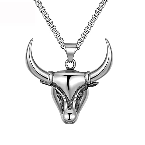 Bull Head Necklace for Men Stainless Steel Silver Cool Aesthetic Trendy Western Animal Cattle Horns Bull Head Pendant Necklace Hypoallergenic Non Tarnish Jewelry