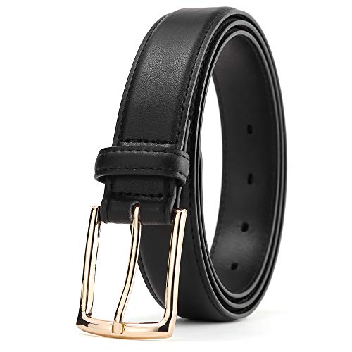Women Dress Belt Black Leather Belts for Jeans Golden buckle