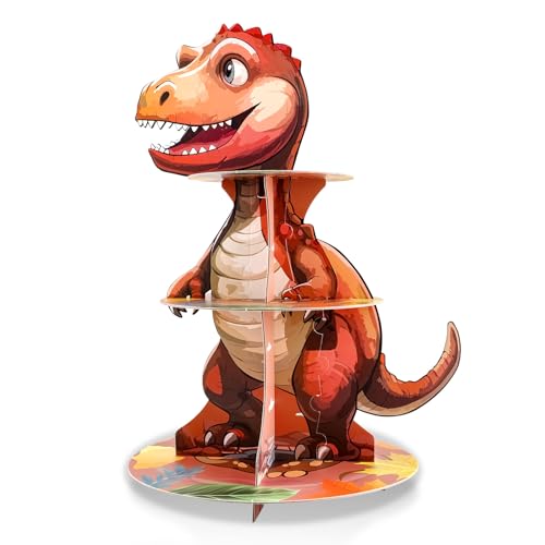 niCWhite Dinosaur Cupcake Stand, 3 Tire Dinosaur Themed Cupcake Holder Stand Cardboard Dessert Tower Cup Cake Display Stand Tiered Tray for Kids Dinosaur Jungle Birthday Party Decorations (1 Piece)