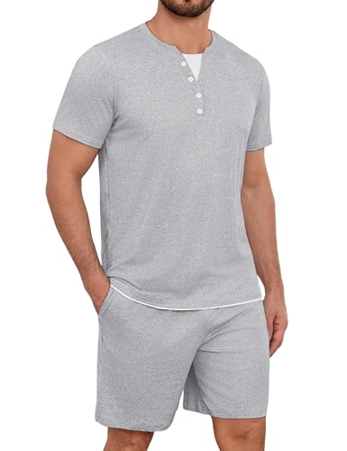 Jahetuul Pijama Hombre de Algodón Conjunto de Pijama Corto de Verano con Cuello en V y Botones Decorativos con Pantalón Corto Liso y Bolsillos