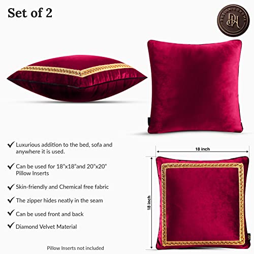 Dezignicohome Decorative Velvet Throw Pillow Covers For Sofa Couch Bed Chair, Embroidery Pattern Design, Ruby Red, Pack Of 2, 18X18 Inch #TOP3