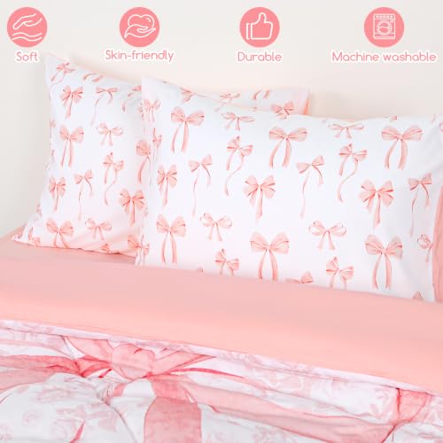 Image of Girls Twin Bedding Set, Pink Bow Twin Comforter Set for Girls Kids Bedding Set with 1 x Reversible Comforter, 1 x Fat Sheet, 1 x Fitted Sheet, 2 Pillowcases, Pink Bow