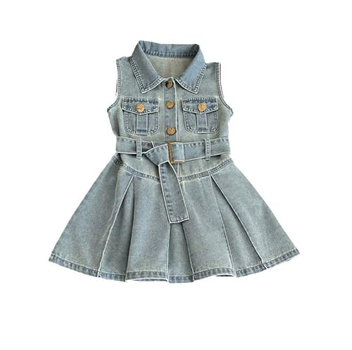SANGTREE Girls' Denim Sundress Button A Line Jumper Casual Sleeveless Belted Dress, 18 Months - 10 Years