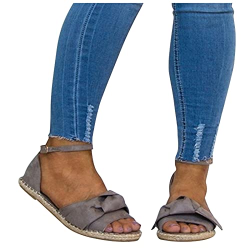 Aniywn Women s Bow Tie Slip On Ankle Buckle Straps Flat Sandals Casual Open Toe Summer Espadrille Flat Sandals Gray