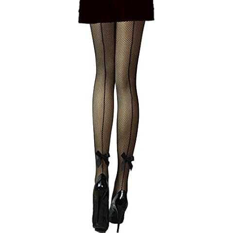 Yummy Bee Tights Fishnet Black Seamed Seam Back Pantyhose Ankle Bows Burlesque Ladies, One Size Cover