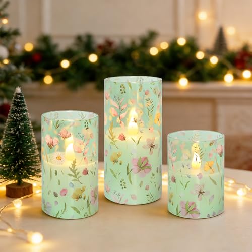 Image of Flameless Candles with Remote Timer, Glass Battery Operated LED Candles, Green Floral Design, Cylindrical Shape, Set of 3 for Home Party Wedding Decor