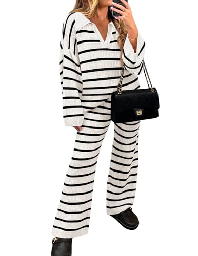 ZESICA Women's 2 Piece Sets Fall Casual Striped Long Sleeve V Neck Knit Sweater Tops and Wide Leg Pants Lounge Matching Set