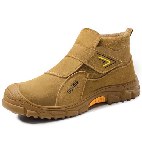 GLANOUDUN Work Boots for Men Slip on Steel Toe Shoes for Men Comfortable Men's Work Shoes for Welding Indestructible Steel Toe Boots High Top Construction Safety Footwear Brown