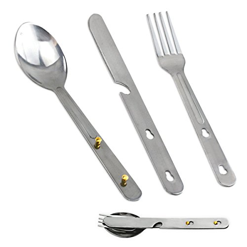 ARMYU Camping Utensil Clip Flatware Chow Kit Set - Stainless Steel Spoon, Fork, Knife & Can Opener with Pouch Mess Kit Accessory, 2-Pack