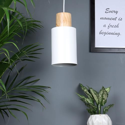 Image of MONI Modern Wooden & Metal Pendant Light for Home | Decorative Hanging Ceiling Lamp for Living Room, Bedroom, Dining Area, Kitchen & Cafe | Warm Ambient Lighting | Indoor Lighting | White | Pack of 2