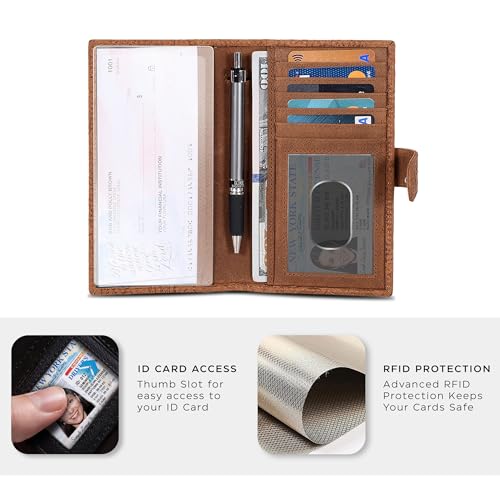 Image of Oak Leathers Checkbook Cover Slim Minimalist For Men with RFID Blocking Credit Card Holder Wallet (Vintage Flower Cognac)