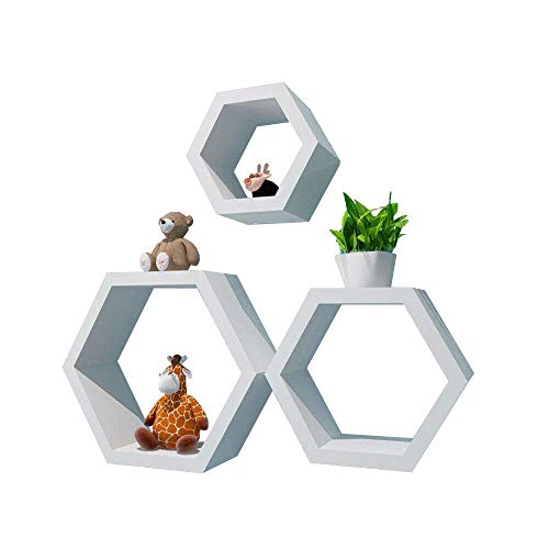 NICECHOOSE Hexagonal Shelves, 3Pcs Wall Mounted Shelf Floating Shelves Wood Storage Rack...